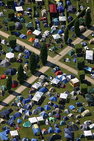 Aerial view, tents, crossing footpaths, Rock Hard Festival, Nordsternpark, Gelsenkirchen, Ruhr Area, North Rhine-Westphalia, Germany, Europe