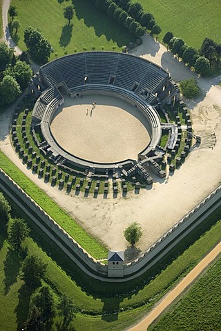 Aerial view, reconstructed colosseum, fighting grounds, Archaeologischer Park Xanten, Xanten Archaeological Park, Colonia Ulpia Traiana in Xanten, Lower Rhine Region, North Rhine-Westphalia, Germany, Europe