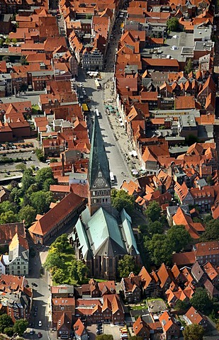 Areal view, St. Johannis Church, Lueneburg, Lower Saxony, Germany, Europe