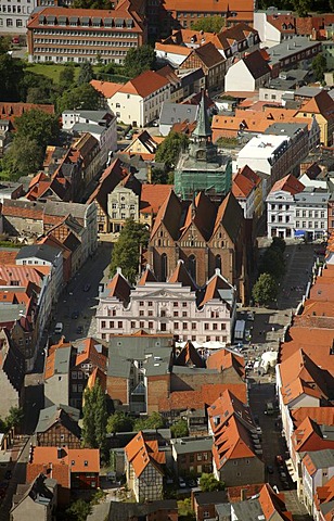 Areal view, gothic town hall, Barlachstadt, Guestrow, Mecklenburg-Western Pomerania, Germany, Europe