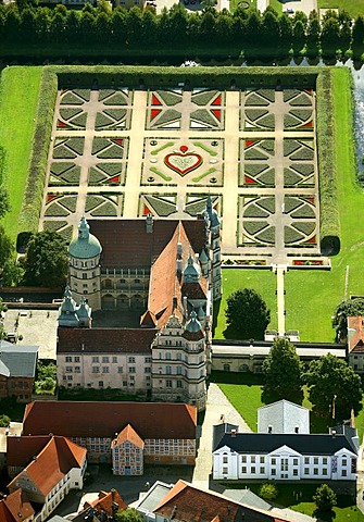 Areal view, Guestrow Castle, baroque garden, Barlachstadt, Guestrow, Mecklenburg-Western Pomerania, Germany, Europe