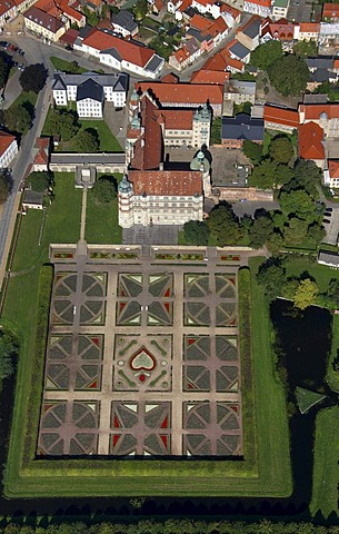 Areal view, Guestrow Castle, baroque garden, Barlachstadt, Guestrow, Mecklenburg- Western Pomerania, Germany, Europe