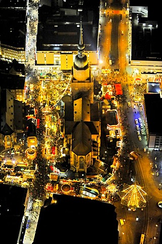 Aerial picture, night shot, city centre, Reinodikirche Church, christmas market, Kampstrasse Street, Hansmarkt, Dortmund, Ruhr area, North Rhine-Westphalia, Germany, Europe