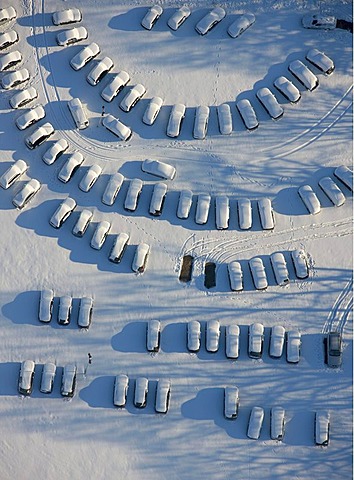 Aerial photo, parking lot for used cars, industrial area Gewerbegebiet Sued, snow, Haltern, Ruhr Area, North Rhine-Westphalia, Germany, Europe