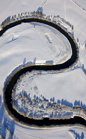 Aerial photo, Lippe river sinuosity near Flaesheim, snow, Haltern, Ruhr Area, North Rhine-Westphalia, Germany, Europe