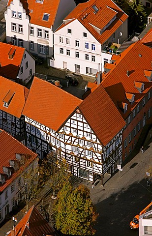 Aerial photo, Haus zur Rose, House of the Rose or Freiligrathhaus, to the left Wilhelm Morgner's birthplace, Soest, Kreis Soest, Soester Boerde, South Westphalia, North Rhine-Westphalia, Germany, Europe