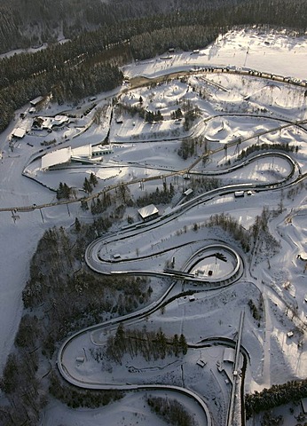 Aerial photo, bob run, snow, Winterberg, Kahler Asten, Hochsauerlandkreis, Sauerland, North Rhine-Westphalia, Germany, Europe