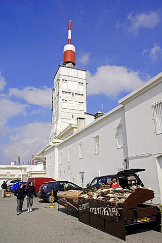 Tower of the weather station and market stall on the peak of Mont Ventoux, Vaucluse, Provence-Alpes-Cote d'Azur, Southern France, Europe