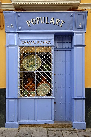 A blue shop front in downtown Sevilla, Andalusia, Spain, Europe