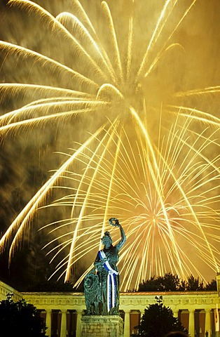 Fireworks over the Bavaria statue during Oktoberfest, Munich, Bavaria, Germany, Europe