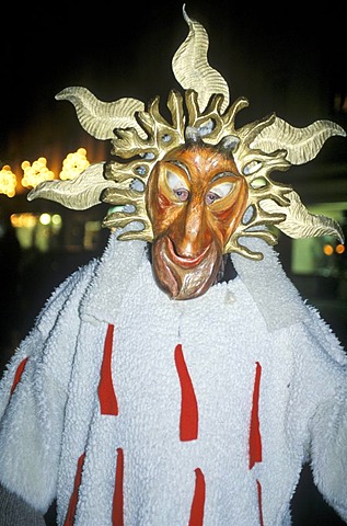 Dame Perchta with the Janus face symbolizing good and bad, Penzberg, Upper Bavaria, Bavaria, Germany, Europe