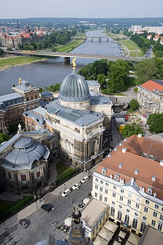 View from the Frauenkirche Church of Our Lady on the Kunstakademie Academy of Arts and the Elbe river, Old Town, Dresden, Saxony, Germany