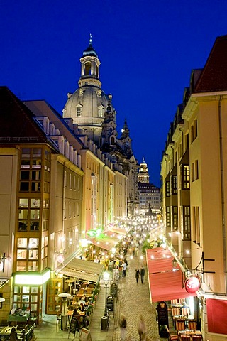 Muenzgasse street with the cuppola of the Frauenkirche Church of Our Lady at night, old town, Dresden, Saxony, Germany