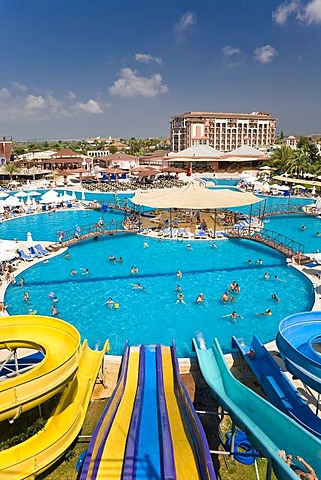 Pool landscape with water slides in Selge Beach Resort on the Turkish Riviera, Turkey, Asia