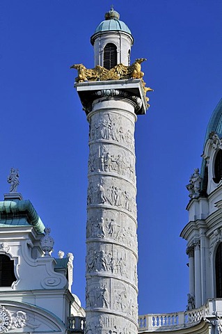 Column carved with biblical scenes, St. Charles's Church, Karlskirche, Vienna, Austria, Europe