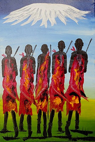 Massai art, Massai in front of Kilimanjaro in a souvenir shop, Mto Wa Mbu, Tanzania, Africa