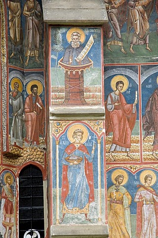 Exterior frescoes, Church of Annunciation, UNESCO World Heritage Site, Moldovita, Southern Bukovina, Moldova, Romania, Europe