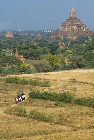 Young Burmese women with a parasol crossing a field near the Sulamani Pagoda, Bagan, Myanmar