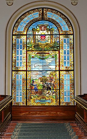 Stained glass window in parliamentary building, portrayal of Champlain's departing France to journey Canada in 1608, Hotel du Parlement, Quebec City, Canada, North America