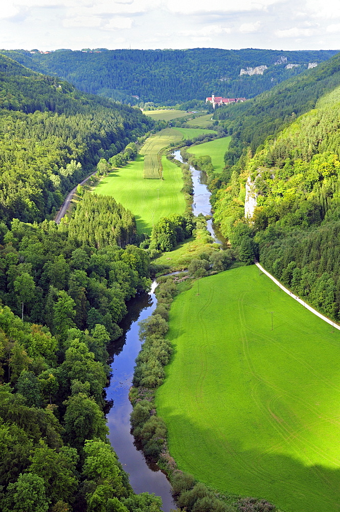 View from Knopfmacherfelsen (button-makers rocks) in the Danube Valley in the direction of Beuron, Upper Danube Nature Park, Donaubergland, Baden-Wuerttemberg, Germany, Europe