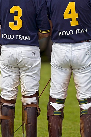 Two polo players standing, photographed from behind, at the Berenberg High Goal Trophy 2008 polo tournament in Thann, Holzkirchen, Bavaria, Germany, Europe