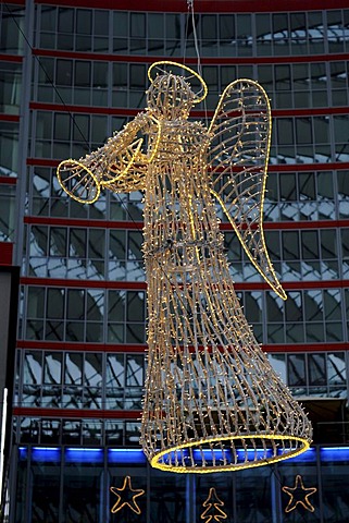 Illuminated Christmas Angel hovering in Sony Center, Berlin, Germany, Europe