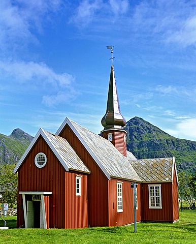 Wooden church built 1780 in Flakstad, community in Fylke Nordland, Lofoten, Norway