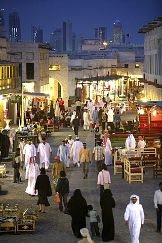 Souq al Waqif in the evening, oldest souq, bazaar in the country, the old part is newly renovated, the newer parts have been reconstructed in a historical style, Doha, Qatar