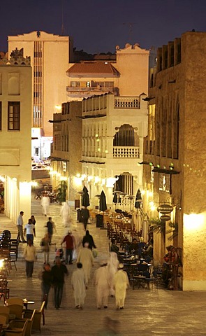 Souq al Waqif in the evening, oldest souq, bazaar in the country, the old part is newly renovated, the newer parts have been reconstructed in a historical style, Doha, Qatar