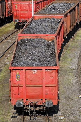 Parked railway goods cars with scrap iron, Huettenwerk Krupp Mannesmann, HKM, North Rhine-Westphalia, Germany, Europe