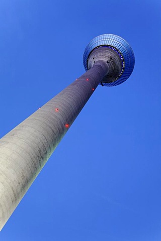 Rheinturm tower, view from below, dusk, Duesseldorf, Rhineland, North Rhine-Westphalia, Germany, Europe