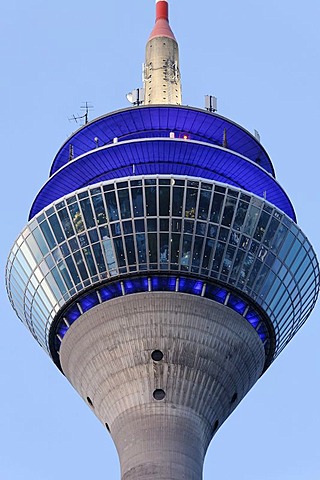 Glass cupola of the Rheinturm tower, view from below, dusk, Duesseldorf, Rhineland, North Rhine-Westphalia, Germany, Europe