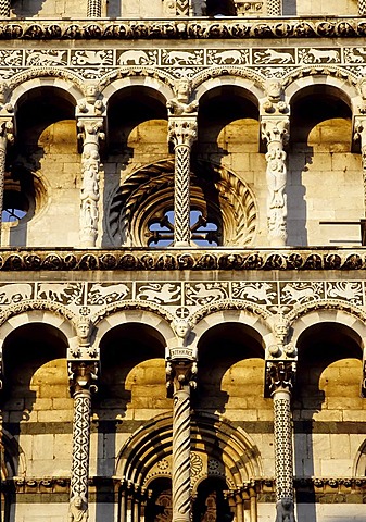 Column fronted Basilica San Michele in Foro, Lucca, Tuscany, Italy, Europe