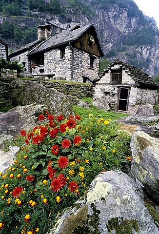 Old stone houses in between rocks, Rusitici, Foroglio, Bavona Valley, Valle Bavona, Canton of Tessin, Switzerland, Europe