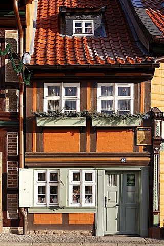 Smallest frame house, 2.95m wide, Kochstrasse, Wernigerode old town, Harz, Saxony-Anhalt, Germany, Europe