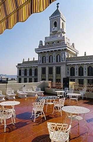 View from a hotel terrace of the historic Bacardi building, Centro Habana, Havana, Cuba, Caribbean