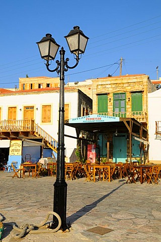 Lantern at the port of Emborio, Chalki Island, Dodecanese, Greece, Europe