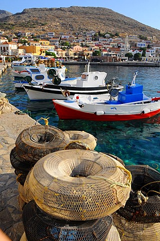 Fishing traps at the port of Emborio, Chalki Island, Dodecanese, Greece, Europe