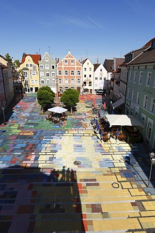 Marienplatz Square in Weilheim, pavement with Kandinsky paintings, Pfaffenwinkel, Upper Bavaria, Germany, Europe