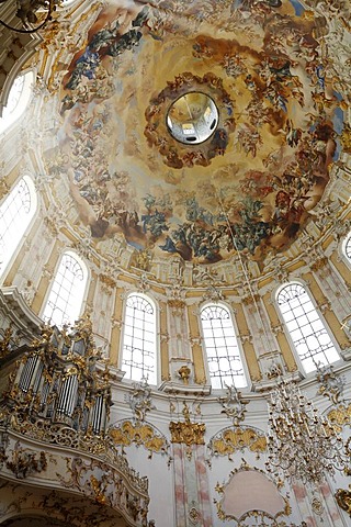 Dome with ceiling painting in Ettal Abbey Church, Upper Bavaria, Germany, Europe