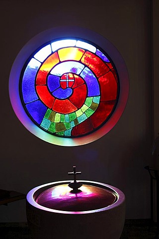 Baptismal font and window in Hundertwasser Church St. Barbara in Baernbach, Styria, Austria, Europe