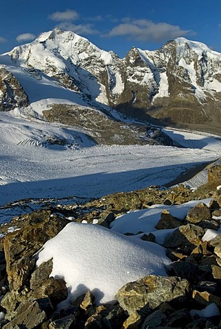 Bernina Range with Mount Piz Bernina, 4048 metres above sea level, and Mount Piz Morteratsch, 3751 metres above sea level, Buendner Alps, Canton of Graubuenden, Switzerland, Europe