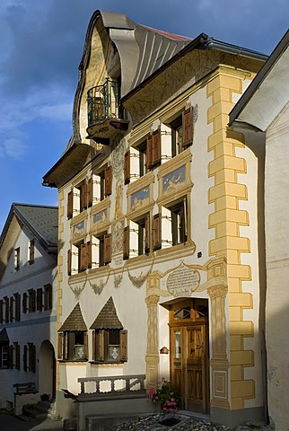 Residential house with Sentner Gable and sgraffito, adornment, Sent, Lower Engadin, Canton of Graubuenden, Switzerland, Europe