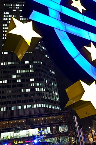 Euro sculpture at night, in front of the European Central Bank and Opera House, Frankfurt, Hesse, Germany, Europe