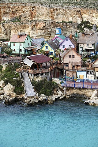 Popeye Village in Anchor Bay, film scenery for the Popeye film by Robert Altmann, Melliaha, Malta, Europe