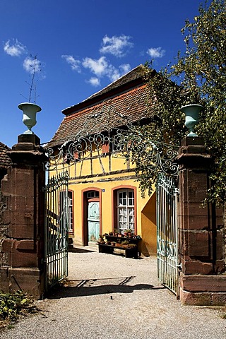 Historic Alsation electricity substation with entrance gate, eco-museum, Ungersheim, Alsace, France, Europe