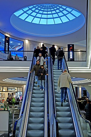 Escalator with under a dome light in a shopping mall, Muenster, Westphalia, Germany, Europe