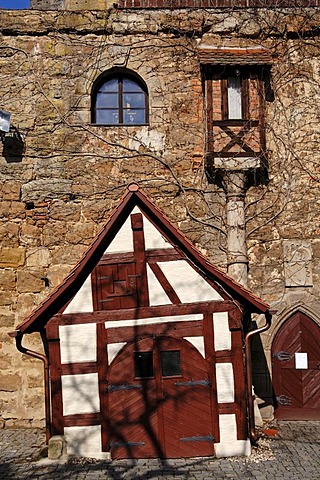 Old store house and toilet house, in the inner yard of a castle ruin, Burgthann, Middle Franconia, Bavaria, Germany, Europe