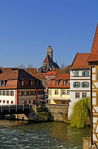 Historic town centre with Regnitz River in front of the Church of Our Lady, Bamberg, Upper Franconia, Bavaria, Germany, Europe