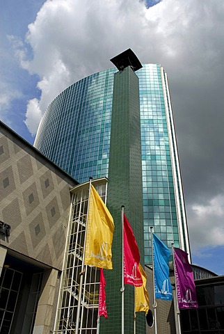 Dark cloud behind the World Trade Center, WTC, a tower with a glass front at the Beursplein, Rotterdam, South-Holland, Zuid-Holland, The Netherlands